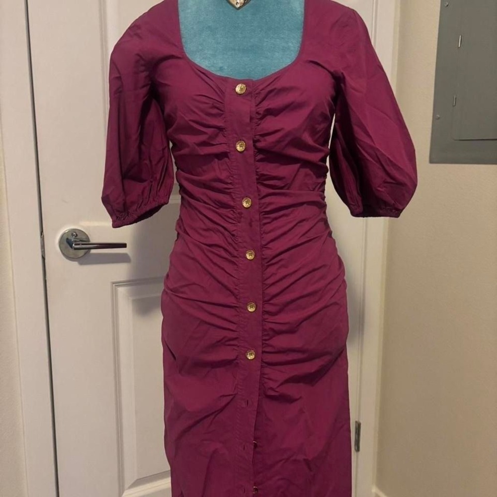 Purple midi dress with puffy sleeves
